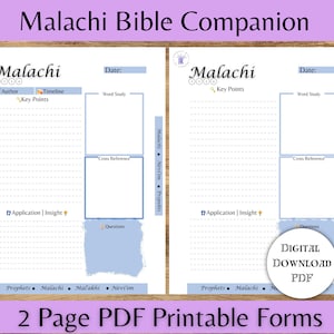 May include: Printable Bible study companion for the book of Malachi. The two-page PDF includes sections for author, timeline, key points, word study, cross reference, application, insight, and questions.