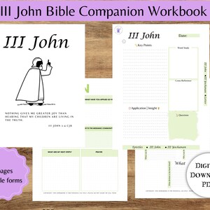 Puede incluir: Un cuaderno de trabajo imprimible para estudiar el libro de III Juan en la Biblia. El cuaderno de trabajo tiene un esquema de color verde y blanco e incluye secciones para puntos clave, estudio de palabras, referencias cruzadas, aplicación y comprensión, preguntas y oración. La portada presenta una ilustración en blanco y negro del apóstol Juan.