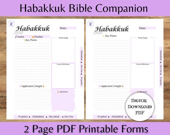Puede incluir: Formulario PDF imprimible de dos páginas para estudiar el libro de Habacuc en la Biblia. El formulario incluye secciones para el autor, la línea de tiempo, los puntos clave, las referencias cruzadas, la aplicación y la comprensión, y las preguntas. El formulario está diseñado para ayudarte a estudiar el libro de Habacuc de una manera más organizada y efectiva.