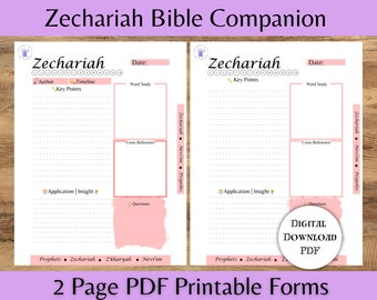 Puede incluir: Formularios de estudio bíblico imprimibles para el libro de Zacarías. Los formularios son rosas y blancos con secciones rayadas para escribir notas, puntos clave, referencias cruzadas y preguntas. El texto "Zechariah Bible Companion" está en la parte superior de la página.