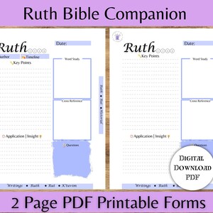 Puede incluir: Formulario PDF imprimible de dos páginas para estudiar el Libro de Rut en la Biblia. El formulario incluye secciones para el autor, la línea de tiempo, los puntos clave, el estudio de palabras, la referencia cruzada, la aplicación y la comprensión, y las preguntas.