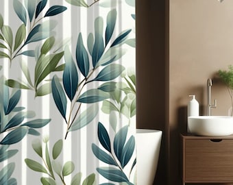 Contemporary Botanical Shower Curtain | Green and Blue Leaf Design