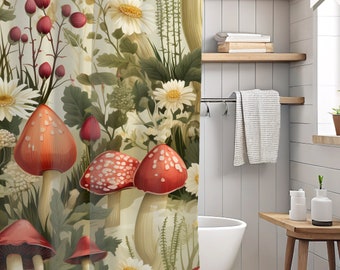 Enchanted forest mushroom shower curtain | Rustic bohemian bath curtain | Nature-themed bathroom accessory