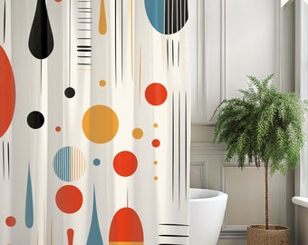 Mid-Century Modern Artistic Shower Curtain | Vibrant Abstract Shapes and Lines Bathroom Design | Minimalist Decor