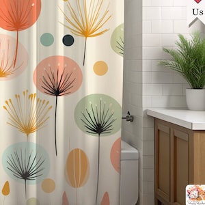 May include: A shower curtain with a white background and a pattern of colorful dandelions. The dandelions are in various shades of orange, pink, green, and yellow. The shower curtain is made of a soft, water-resistant fabric.