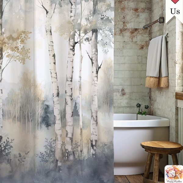 Birch Tree, Forest Landscape, Shower Curtain | Mystical Morning Mist, Nature Bathroom Decor | Watercolor Country Scenery Design