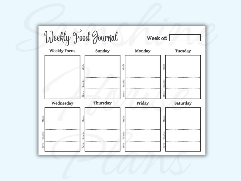 Weekly Food Journal Template Simple Food Diary 1 Page Printable Black ...