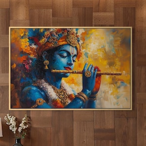 Lord Krishna Playing Flute Wall Art – Hindu God Painting PRINT, Spiritual Indian Decor, Divine Blue Krishna Canvas Print