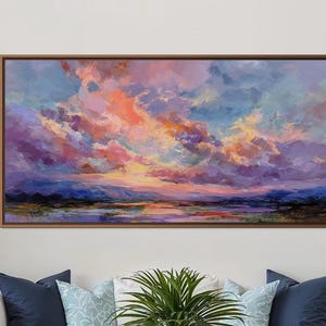 Impression d'art ciel coucher de soleil coloré - impression de peinture de paysage impressionniste, art mural abstrait nuage, décoration d'intérieur moderne romantique