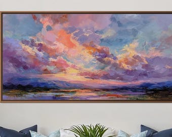 Lámina artística de cielo al atardecer colorido – Impresión de pintura de paisaje impresionista, arte abstracto de nubes para pared, decoración romántica moderna para el hogar