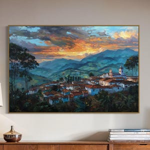 Colombian Hill Village Art Print - Sunset in Andes Mountains Wall Art - South America Landscape Painting - Rustic Latin Decor