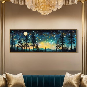 Mystische Nachthimmel Kunst über Wald - Abstrakte Nordlichter Kunst, Panorama Mondlicht Druck für schmale himmlische Wanddekoration