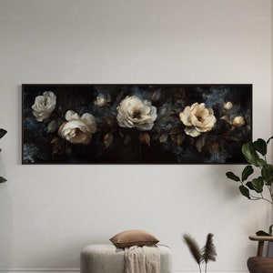 Moody Botanical Art Print - Dark Floral Panoramic Wall Art for Above Couch and Bed Decor in Elegant Neutral Tones