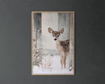 Winter Baby Deer Art Print – Woodland Nursery Wall Art, Rustic Snowy Animal Decor