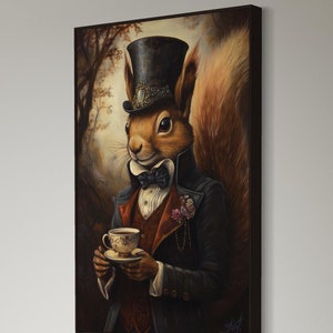Whimsical Squirrel Wall Art - Elegant Woodland Animal Canvas, Vintage Tea Party Decor, Quirky Anthropomorphic Print for Living Room or Home