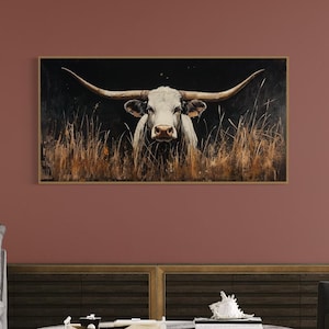 Majestic Longhorn Canvas - Rustic Texas Ranch Print, Bold Western Decor with White Longhorn, Perfect for Farmhouse or Living Room