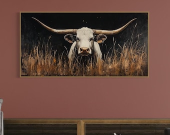 Majestic Longhorn Canvas - Rustikaler Texas Ranch Druck, mutiges Western-Dekor mit weißem Longhorn, perfekt für Bauernhaus oder Wohnzimmer
