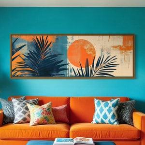 Abstract Palm Leaves Canvas - Tropical Sunset Wall Art Print with Bold Orange Sun, Mid-Century Modern Decor for Vibrant Boho Home Art