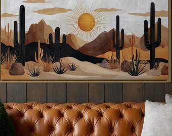 Decorazione murale minimalista in stile boho con tema deserto - Stampa di cactus del sud-ovest, decorazioni dai toni terrosi, opera d'arte con sole radioso per soggiorno o sopra il letto.