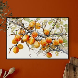 Apricot Branch Botanical Art Print – Ripe Fruit Kitchen Wall Decor, Watercolor Farmhouse Print, Rustic Country Dining Room Artwork