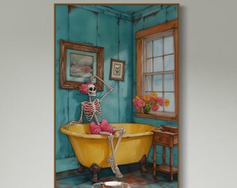 Puede incluir: Una impresión de arte mural rectangular que muestra un esqueleto sentado en una bañera amarilla con patas en una habitación de paredes color turquesa. La escena incluye una ventana con flores, dos cuadros y una mesa de madera.