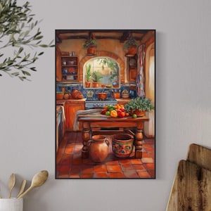This vibrant art print captures a cozy Mexican kitchen filled with warm terracotta tones, rustic wooden furniture, and colorful tiles. Fresh produce, hanging plants, and pottery create a welcoming, homely feel. A perfect piece for farmhouse.