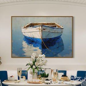 Rustic Boat Wall Art Print – Blue Fishing Boat Canvas, Coastal Nautical Decor, Beach House Wall Art, Ocean Theme Painting