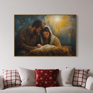 Christian Nativity Wall Art - Holy Family Canvas with Mary, Joseph, and Baby Jesus, Faith-Inspired Print for Christmas or Spiritual Homes