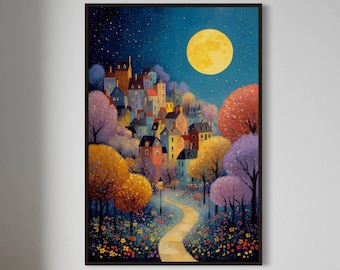 Whimsical Village Art Print - Moonlit Fantasy Landscape Wall Art,  Colorful Fairytale Night Scene for Nursery or Cozy Home Decor