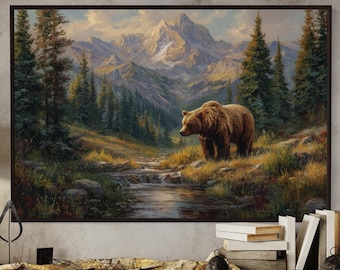 Mountain Bear Art Print – natuurlandschap muurkunst, rustiek hutdecor, natuurschilderij PRINT van beer en bergen