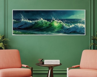 Arte mural panorámico de paisaje marino abstracto: impresión de olas oceánicas de arte moderno para decoración náutica de casa de playa