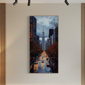 Rainy NYC Cityscape Canvas - Tall Vertical Print with Empire State Building, Urban Reflections, and Vibrant City Lights for Modern Decor