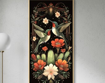Hummingbird Wall Art – Folk Floral Birds with Cactus, Boho Nature Painting Print