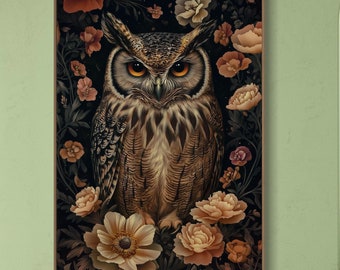 Majestic Owl Wall Art - Floral Wildlife Print with Dark Botanical Design, Perfect Owl Lover Gift or Rustic Nature-Inspired Home Decor
