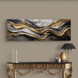 Elegant Gold Silver Abstract Wave Canvas - Luxury Long Narrow Wall Art for Above Bed Decor, Fluid Accent PRINT for Modern Interiors