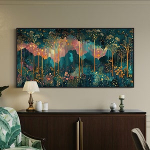 Rain Forest Panoramic Art - Mystical Woodland Canvas Print with Golden Accents, Perfect for Above Couch Decor and Luxury Spaces