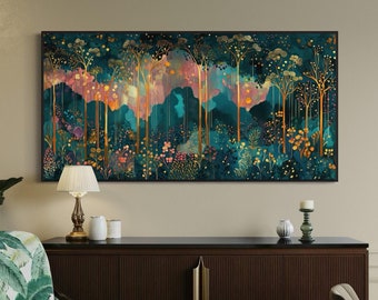 Rain Forest Panoramic Art - Mystical Woodland Canvas Print with Golden Accents, Perfect for Above Couch Decor and Luxury Spaces