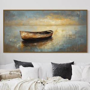 Rustic Boat Canvas – Nautical Wall Art, Peaceful Lakehouse Print, Vintage Wooden Rowboat Wall Art, Tranquil Coastal Landscape Decor
