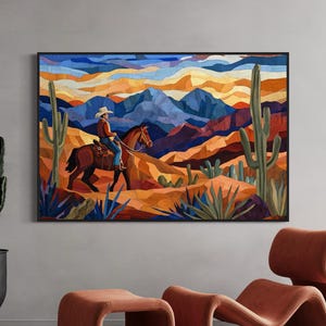 Colorful Western Cowboy Art Print – Desert Landscape Wall Decor, Cactus Sunset Scene, Horse Rider Canvas or Fine Art Poster
