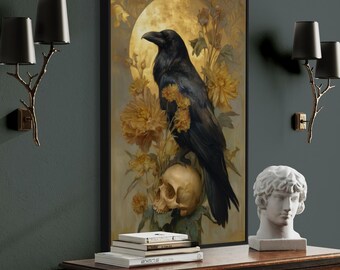 Raven Skull Moon Art Print – Gothic Dark Floral Wall Art, Mystical Bird Print, Occult Witchy Decor, Macabre Home Wall Art