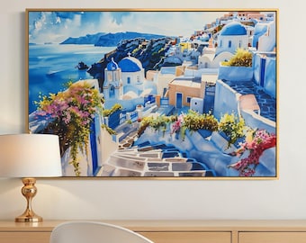 Santorini Greece Watercolor Art Print – Blue Dome Coastal Wall Art, Greek Island Landscape