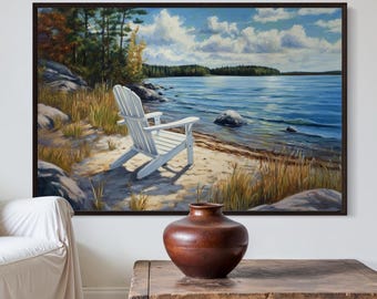 Quadro decorativo com cadeira Adirondack à beira do lago – Paisagem tranquila de praia, arte de parede costeira, decoração para casa de campo, decoração inspirada na natureza.