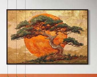 Golden Bonsai Tree Art Print – Japanese Sunset Wall Art, Zen Minimalist Decor, Asian Inspired Landscape Poster Print