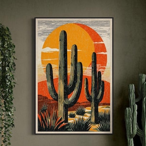 Retro Desert Cactus Art Print – Vintage Southwestern Wall Art, Bold Saguaro Sunset Poster For Boho, Rustic, And Western Home Decor