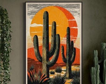 Retro Desert Cactus Art – Vintage Southwestern Wall Print, Bold Saguaro Sunset Decor