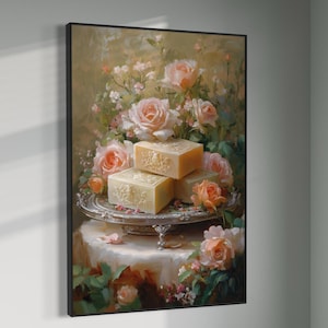 Vintage Rose & Soap Canvas – Elegant Shabby Chic Wall Art, Feminine Powder Room Decor, Charming Floral Print for Bathroom or Vanity