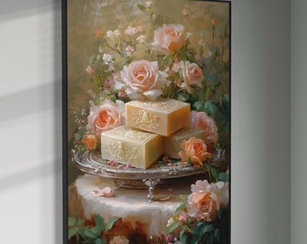 Leinwand mit Rose & Seife - Elegante Shabby Chic Wandkunst, feminines Schminkzimmer Dekor, bezaubernder Blumendruck für Badezimmer oder Waschtisch