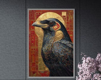 Haida Raven Art Print - Wanddekoration, indigener Stil, Malerei in Gold und Rot