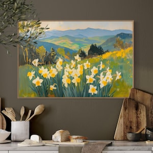 Spring Daffodil Meadow Print – Blooming Yellow Floral Landscape Wall Art, Mountain Field Canvas or Poster, Nature Scene