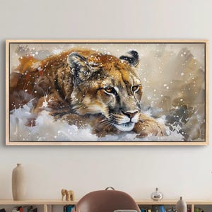 Snowy Mountain Lion Art Print – Wild Cougar Winter Wildlife Painting PRINT, Nature Wall Decor, Big Cat Animal Artwork